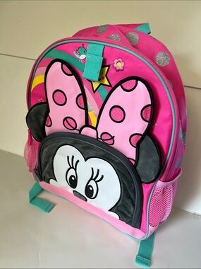 Disney Minnie Mouse Pink and Teal Kids Backpack with Silver Dots